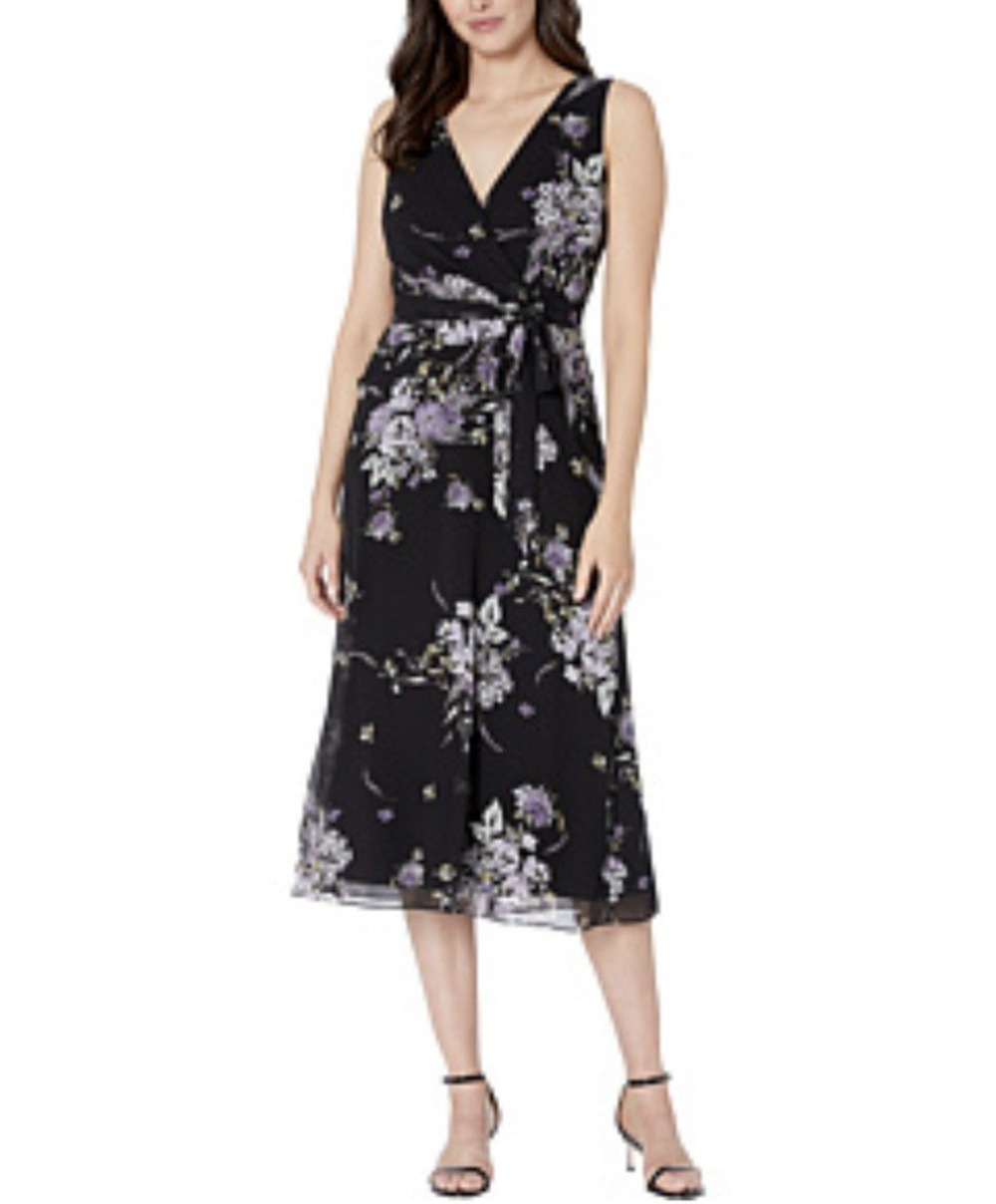 Lauren Ralph Lauren Dress Dark Floral Chiffon Black Purple Sheer Midi Tie Size 8